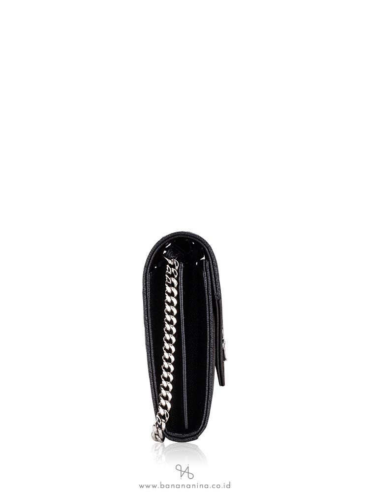 SAINT LAURENT Grain De Poudre Matelasse Monogram Chain Wallet Black Silver