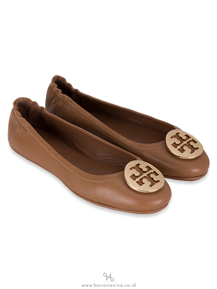 TORY BURCH Minnie Travel Ballet Flats Royal Tan Gold Sz 8