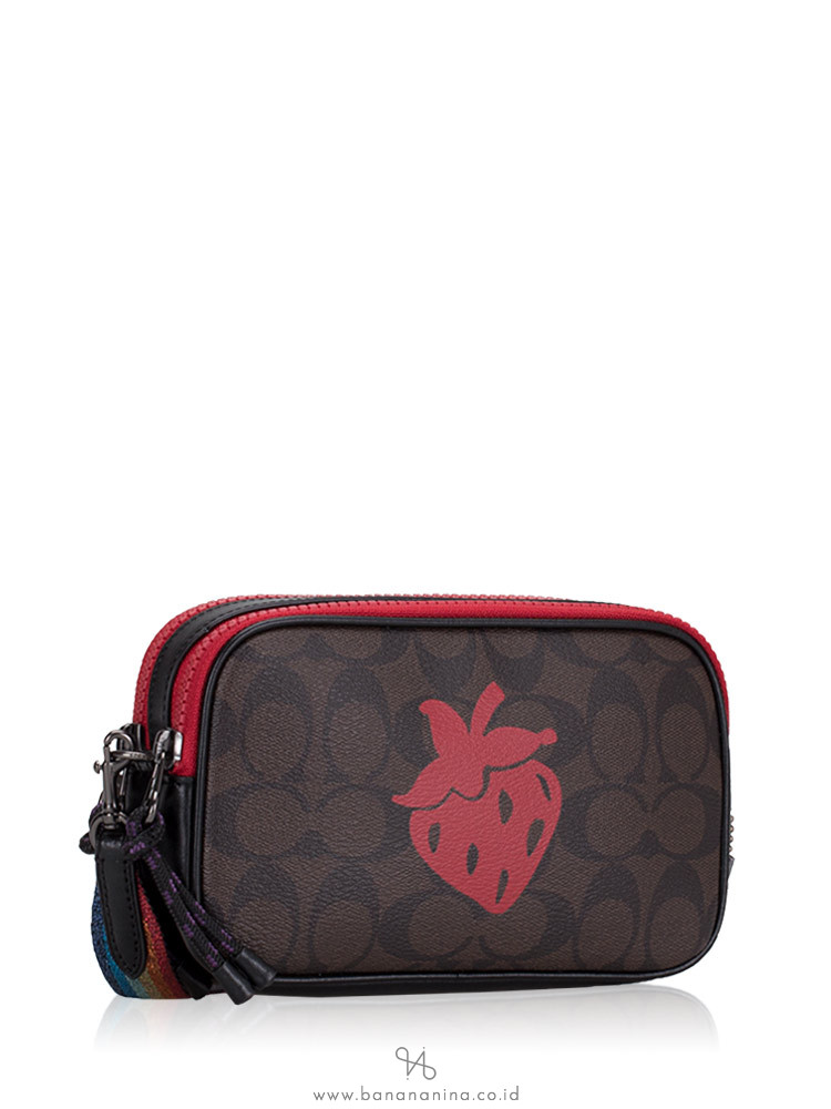COACH 78307 Signature Strawberry Motif Crossbody Pouch Brown Black