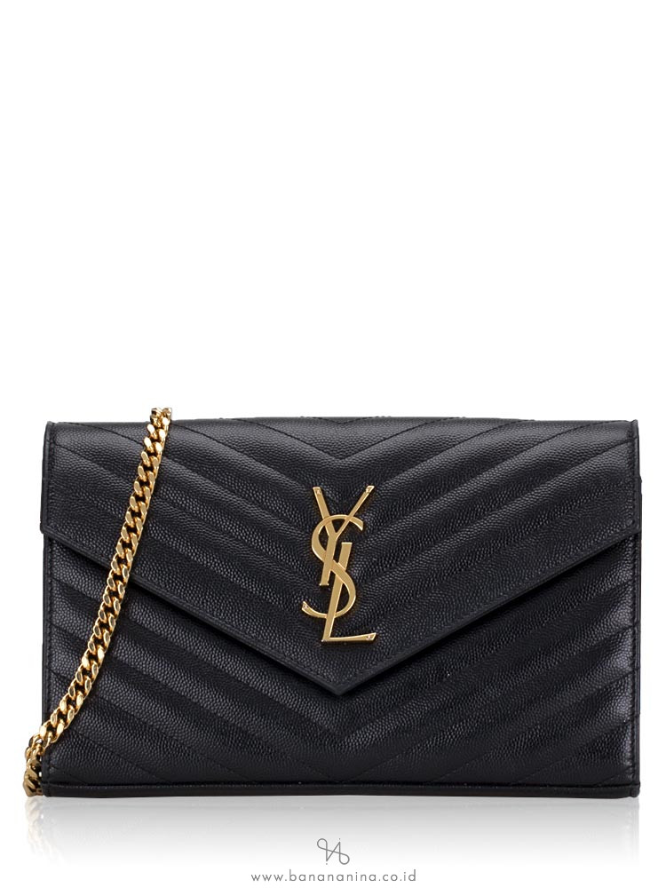 SAINT LAURENT Grain De Poudre Matelasse Monogram Chain Wallet Black Gold