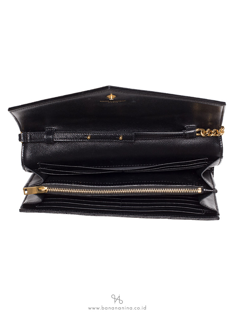 SAINT LAURENT Grain De Poudre Matelasse Monogram Chain Wallet Black Gold
