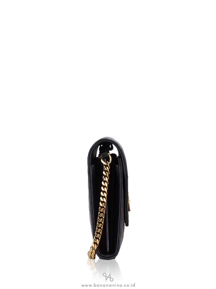 SAINT LAURENT Grain De Poudre Matelasse Monogram Chain Wallet Black Gold