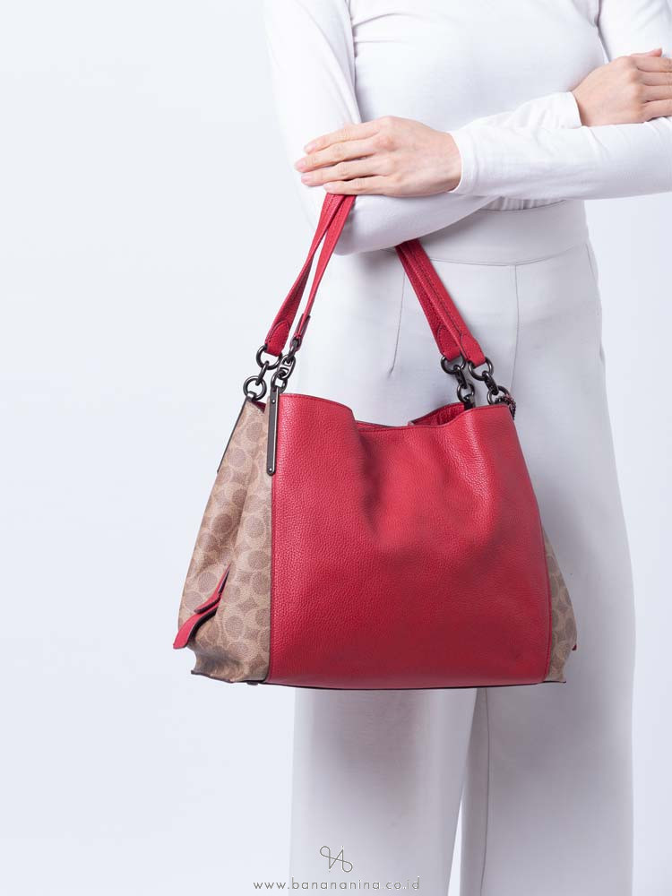 COACH 76078 Signature Blocking Dalton 31 Shoulder Bag Tan Red Apple