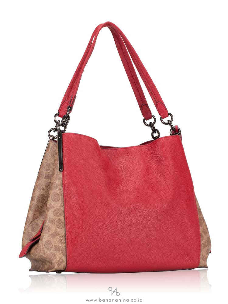 COACH 76078 Signature Blocking Dalton 31 Shoulder Bag Tan Red Apple