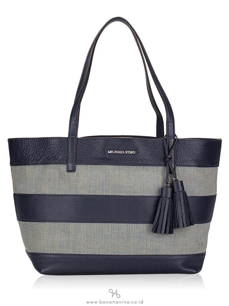 MICHAEL KORS Striped Canvas Large East West Tote Denim