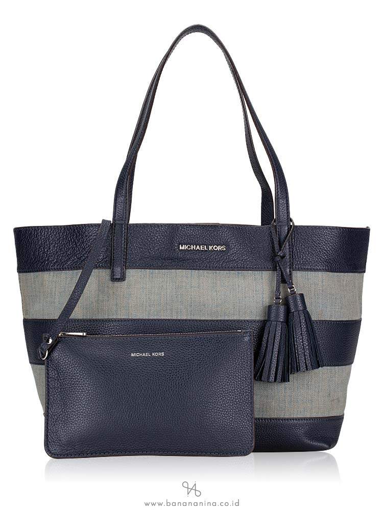 MICHAEL KORS Striped Canvas Large East West Tote Denim