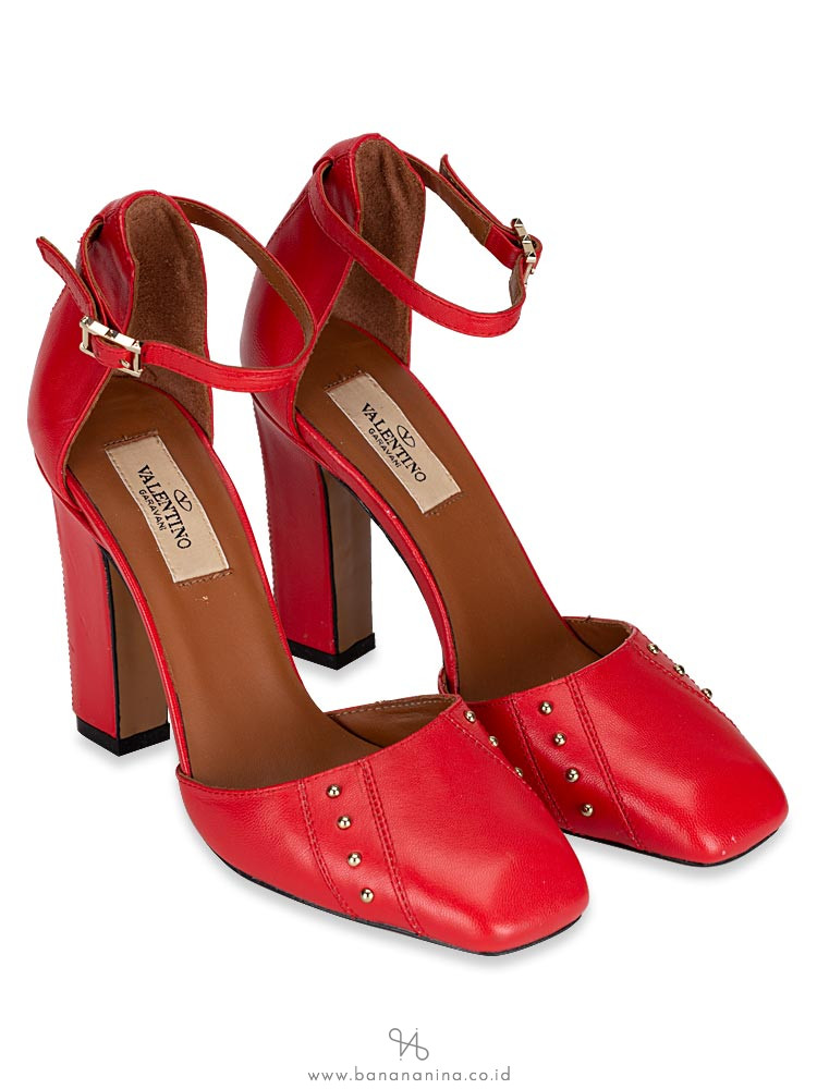 VALENTINO GARAVANI Stud Ankle Strap Platform Pumps Red Sz 35