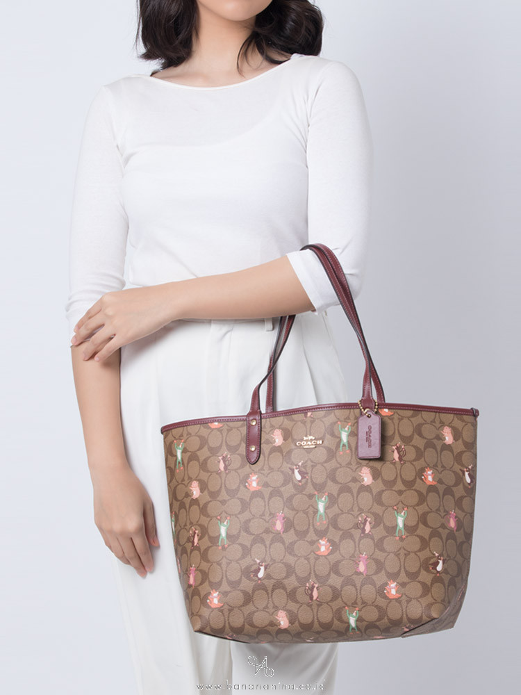 COACH 80246 Signature Party Animals Reversible City Tote Khaki Pink