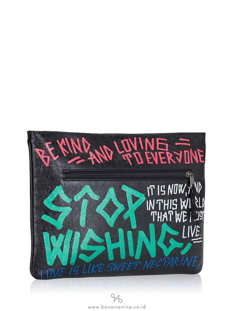 BALENCIAGA Men Stop Wishing Graffiti Explorer Pouch Black
