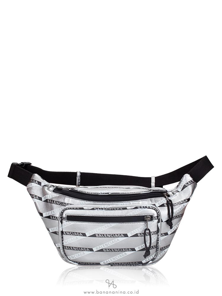 BALENCIAGA Men Explorer Logo Leather Belt Bag Silver