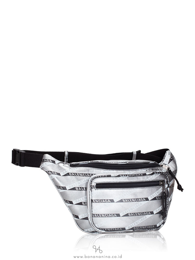 BALENCIAGA Men Explorer Logo Leather Belt Bag Silver