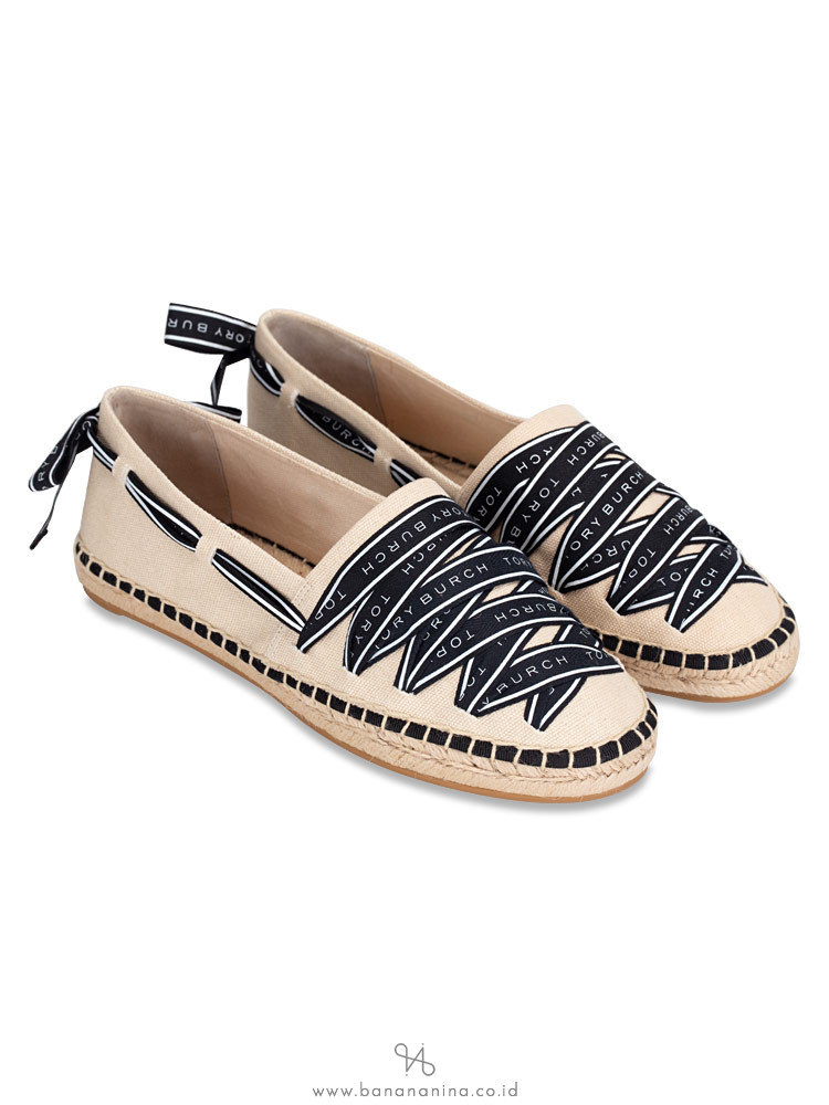 TORY BURCH Logo Crossgrain Canvas Espadrille Herringbone Cream Sz 8