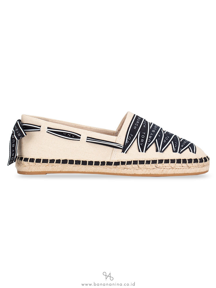 TORY BURCH Logo Crossgrain Canvas Espadrille Herringbone Cream Sz 8