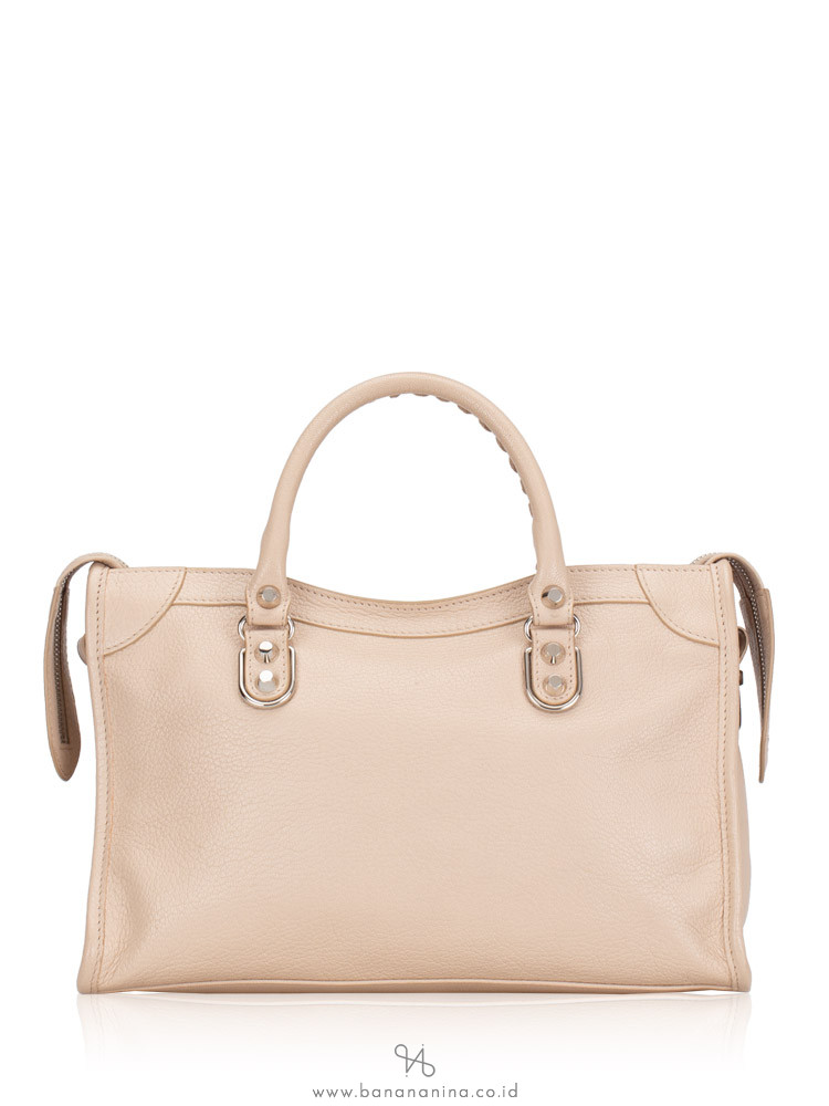 BALENCIAGA Silver Metallic Edge Small City Tapioca Beige