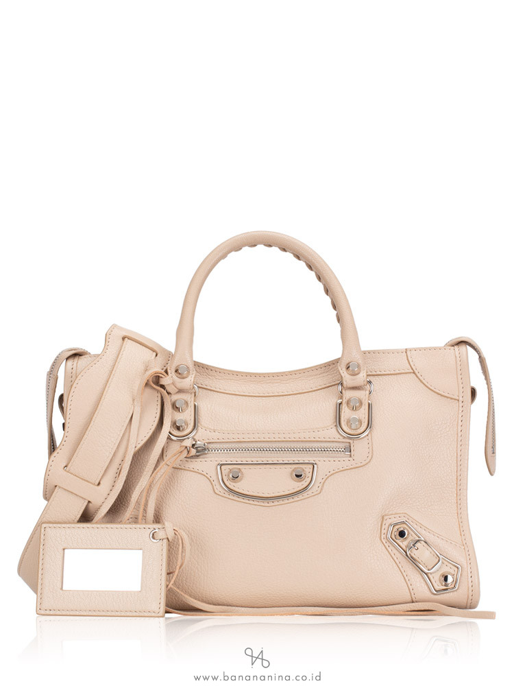 BALENCIAGA Silver Metallic Edge Small City Tapioca Beige