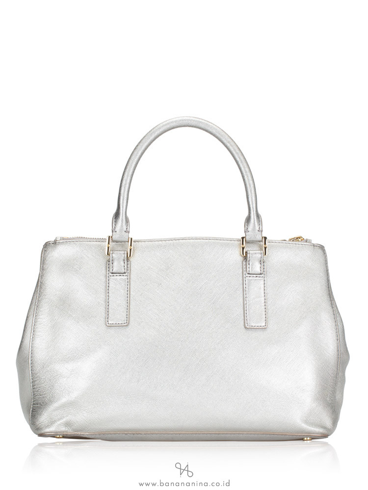 TORY BURCH Robinson Metallic Mini Double Zip Tote Bag Silver