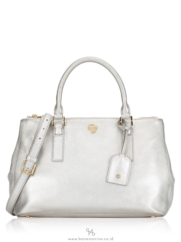 TORY BURCH Robinson Metallic Mini Double Zip Tote Bag Silver