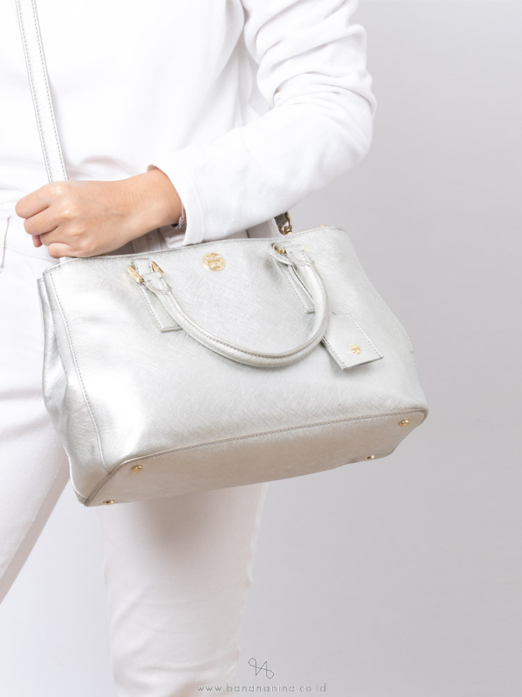 TORY BURCH Robinson Metallic Mini Double Zip Tote Bag Silver