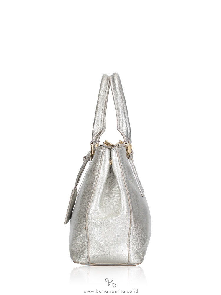 TORY BURCH Robinson Metallic Mini Double Zip Tote Bag Silver