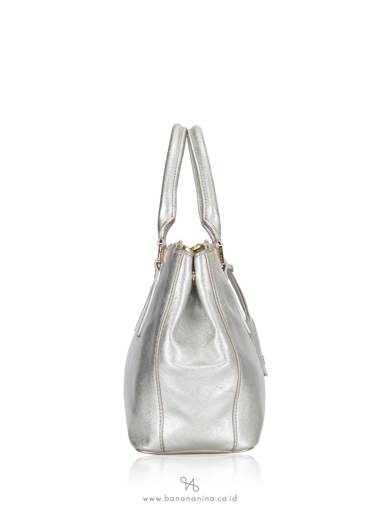 TORY BURCH Robinson Metallic Mini Double Zip Tote Bag Silver