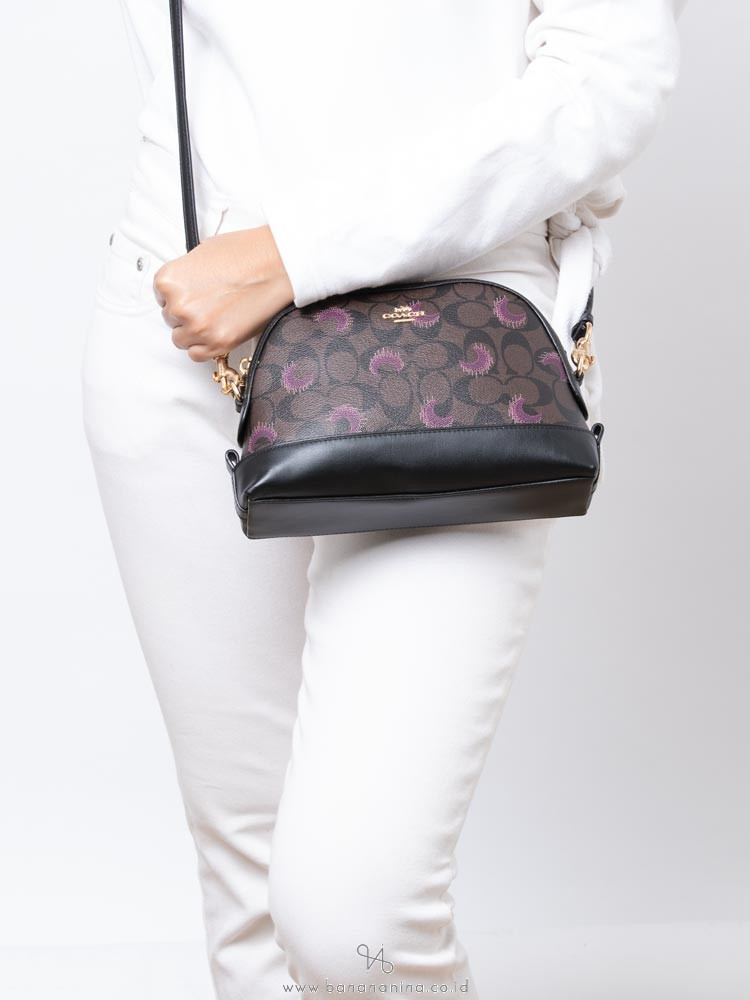 COACH 88032 Signature Print Mini Dome Crossbody Brown Purple