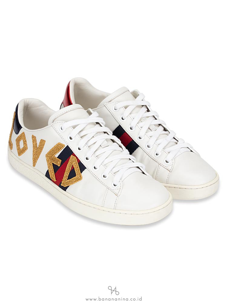 GUCCI Loved Embroidered Ace Sneakers White Sz 37.5