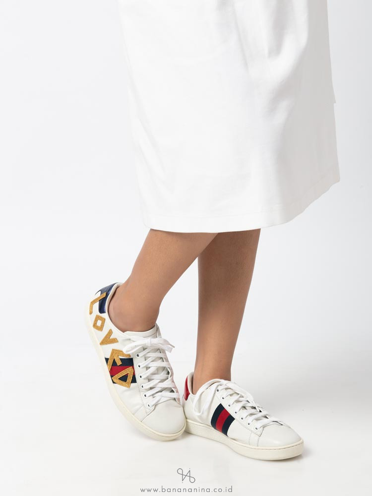GUCCI Loved Embroidered Ace Sneakers White Sz 37.5