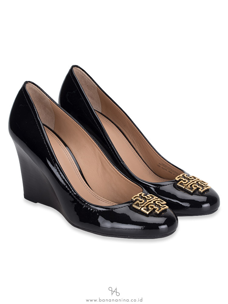 Tory Burch Melinda Leather Wedges Black Gold Sz 10