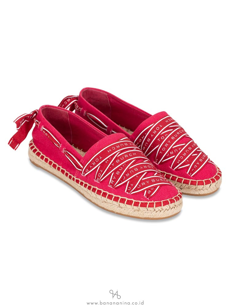 TORY BURCH Logo Crossgrain Canvas Espadrille Herringbone Bright Azalea Sz 5.5