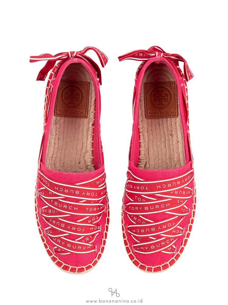 TORY BURCH Logo Crossgrain Canvas Espadrille Herringbone Bright Azalea Sz 5.5