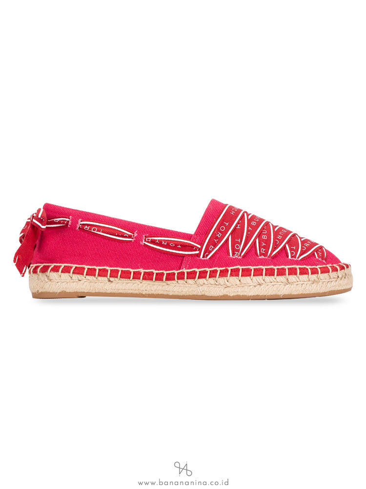 TORY BURCH Logo Crossgrain Canvas Espadrille Herringbone Bright Azalea Sz 5.5