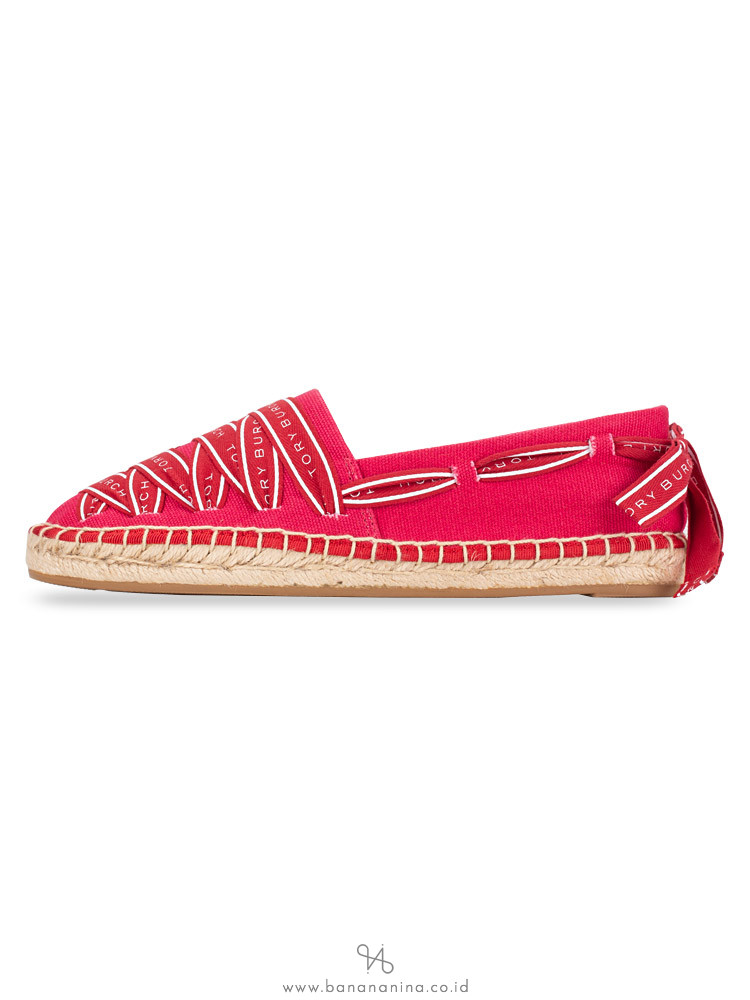 TORY BURCH Logo Crossgrain Canvas Espadrille Herringbone Bright Azalea Sz 5.5