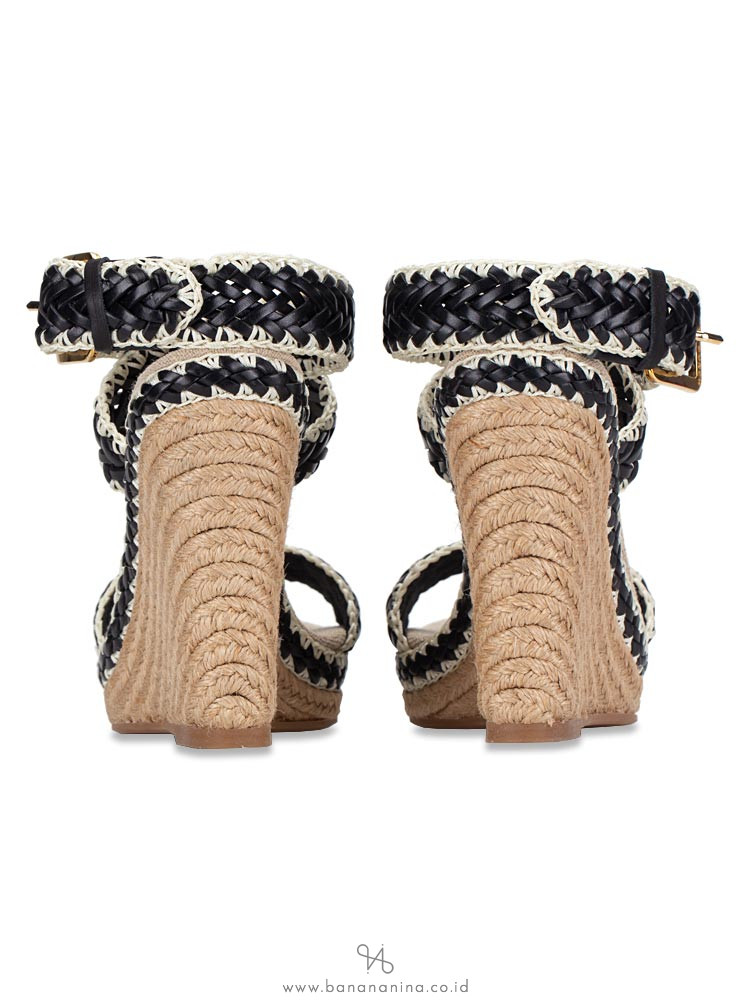TORY BURCH Lilah Espadrille Wedge Black Natural Sz 37.5