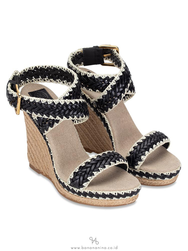 TORY BURCH Lilah Espadrille Wedge Black Natural Sz 37.5
