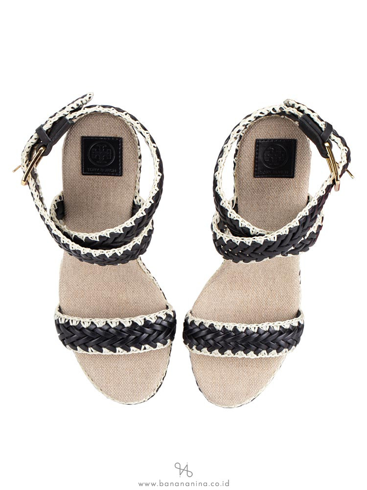 TORY BURCH Lilah Espadrille Wedge Black Natural Sz 37.5