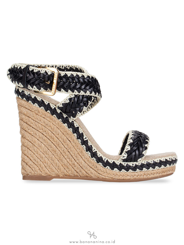 TORY BURCH Lilah Espadrille Wedge Black Natural Sz 37.5