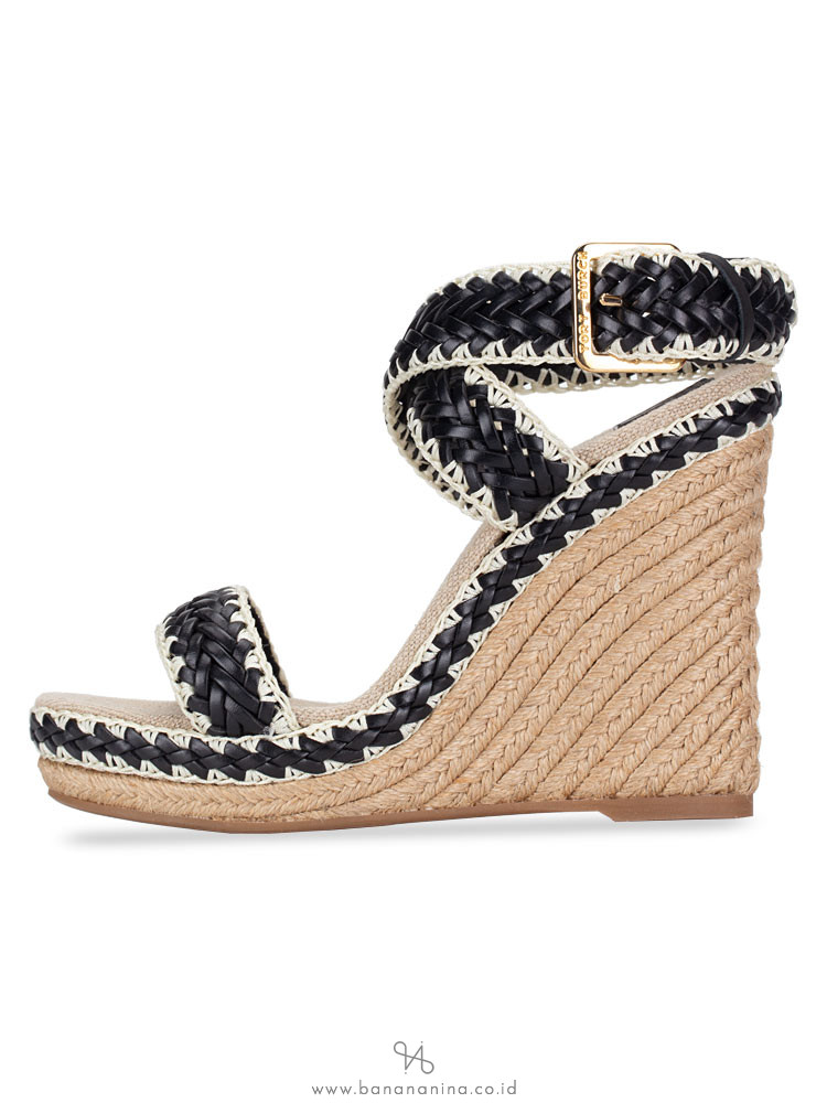 TORY BURCH Lilah Espadrille Wedge Black Natural Sz 37.5