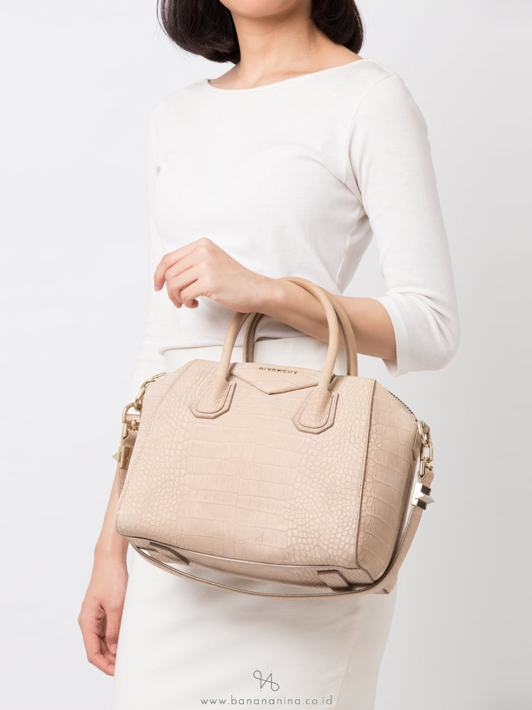 GIVENCHY Suede Croc Stamped Small Antigona Beige