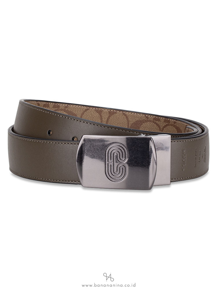 COACH Men 91280 Signature Retro Plaque Buckle Belt Tan Olive