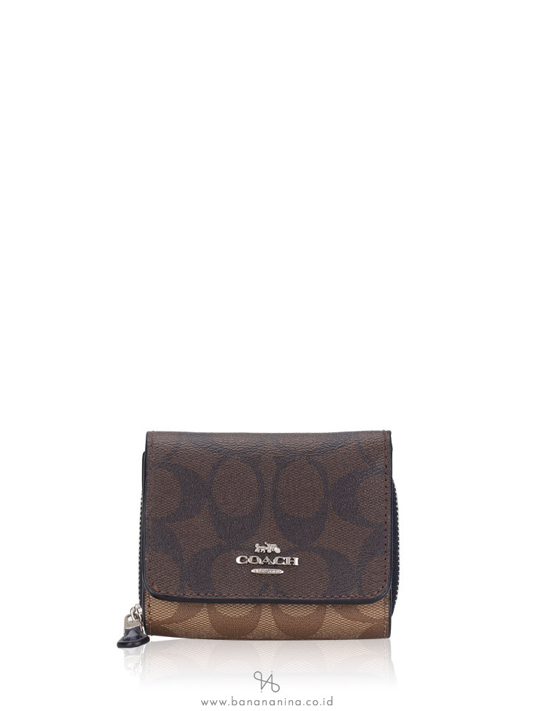 COACH 78081 Blocked Signature Small Trifold Wallet Brown Midnight