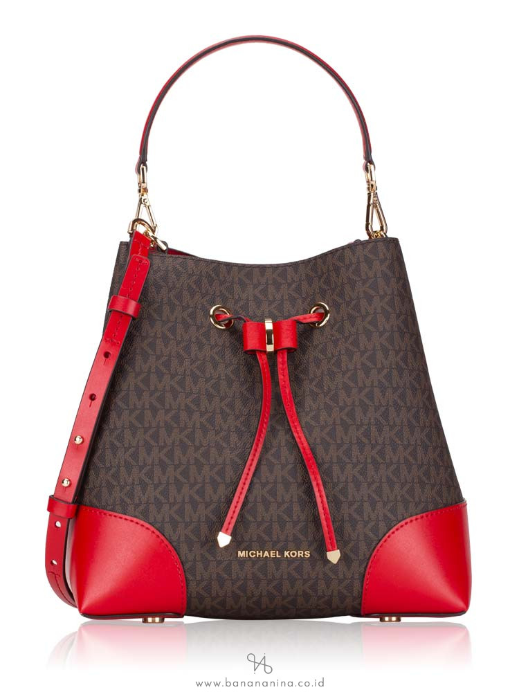 MICHAEL KORS Signature Mercer Gallery Medium Convertible Bucket Brown Bright Red