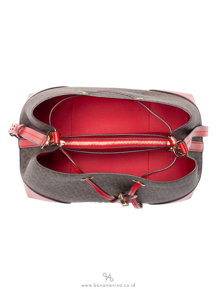 MICHAEL KORS Signature Mercer Gallery Medium Convertible Bucket Brown Bright Red