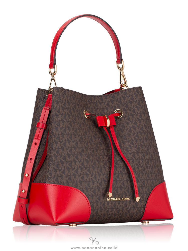 MICHAEL KORS Signature Mercer Gallery Medium Convertible Bucket Brown Bright Red