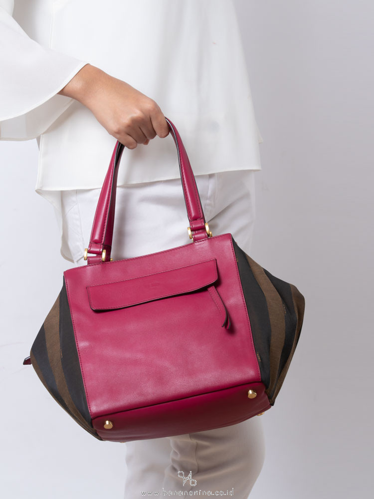 FENDI Vitello Pequin Satchel Tobacco Magenta
