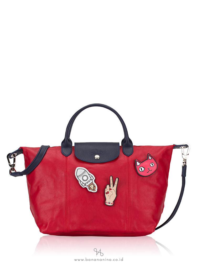 LONGCHAMP Le Pliage Cuir Badges Medium SH Red Navy