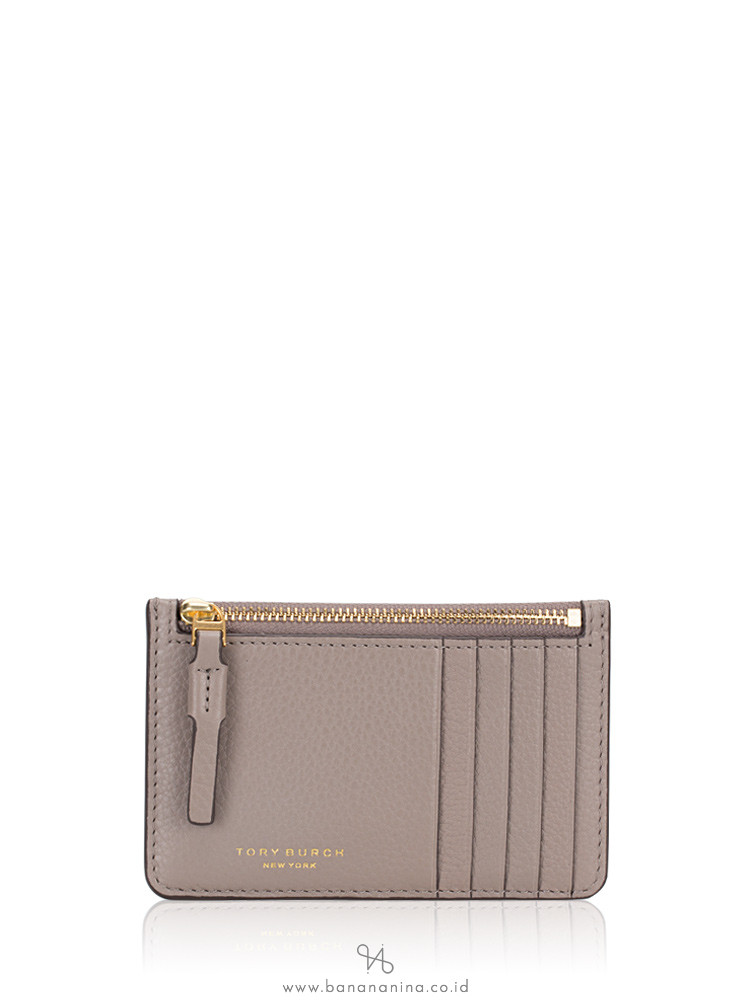 TORY BURCH Perry Leather Top Zip Card Case Gray Heron