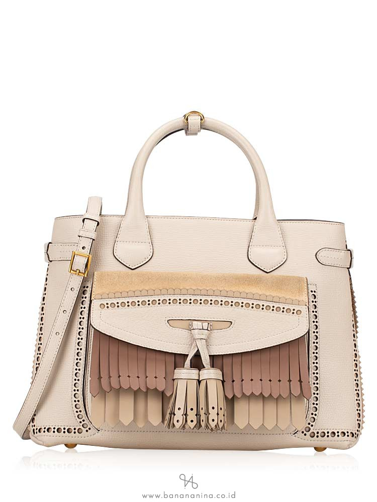 BURBERRY Broguing Fringe Small Banner Tote Cream