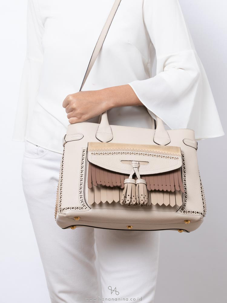BURBERRY Broguing Fringe Small Banner Tote Cream