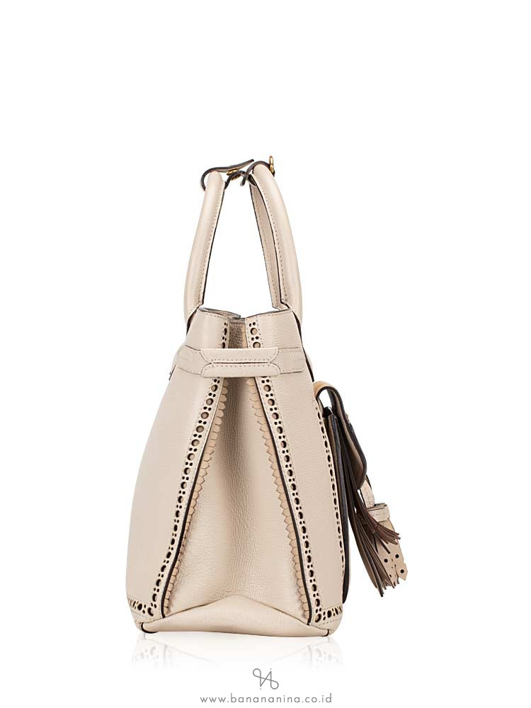 BURBERRY Broguing Fringe Small Banner Tote Cream