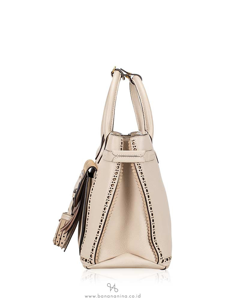 BURBERRY Broguing Fringe Small Banner Tote Cream